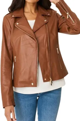 WEAR&ONE'S Women's Brown Biker Genuine Sheepskin Slim Fit Asymmetric Zipper Casual Wear Motorcycle Real Leather Jacket