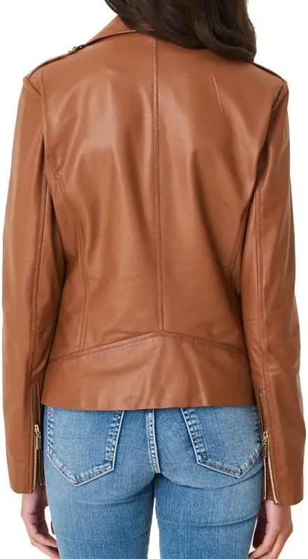WEAR&ONE'S Women's Brown Biker Genuine Sheepskin Slim Fit Asymmetric Zipper Casual Wear Motorcycle Real Leather Jacket