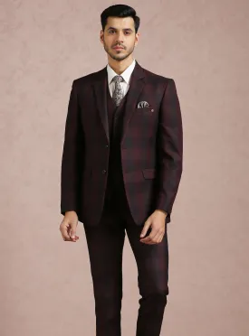 Wine Broad Checked Notch Collar Suit