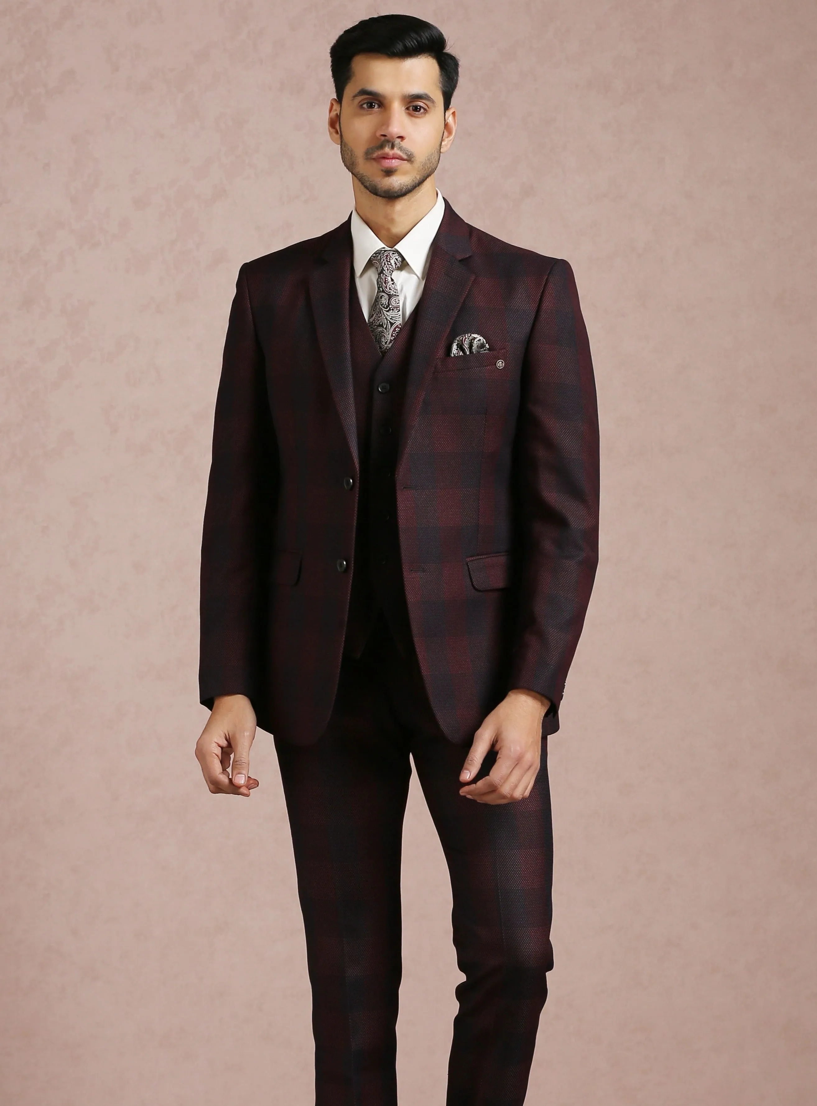 Wine Broad Checked Notch Collar Suit