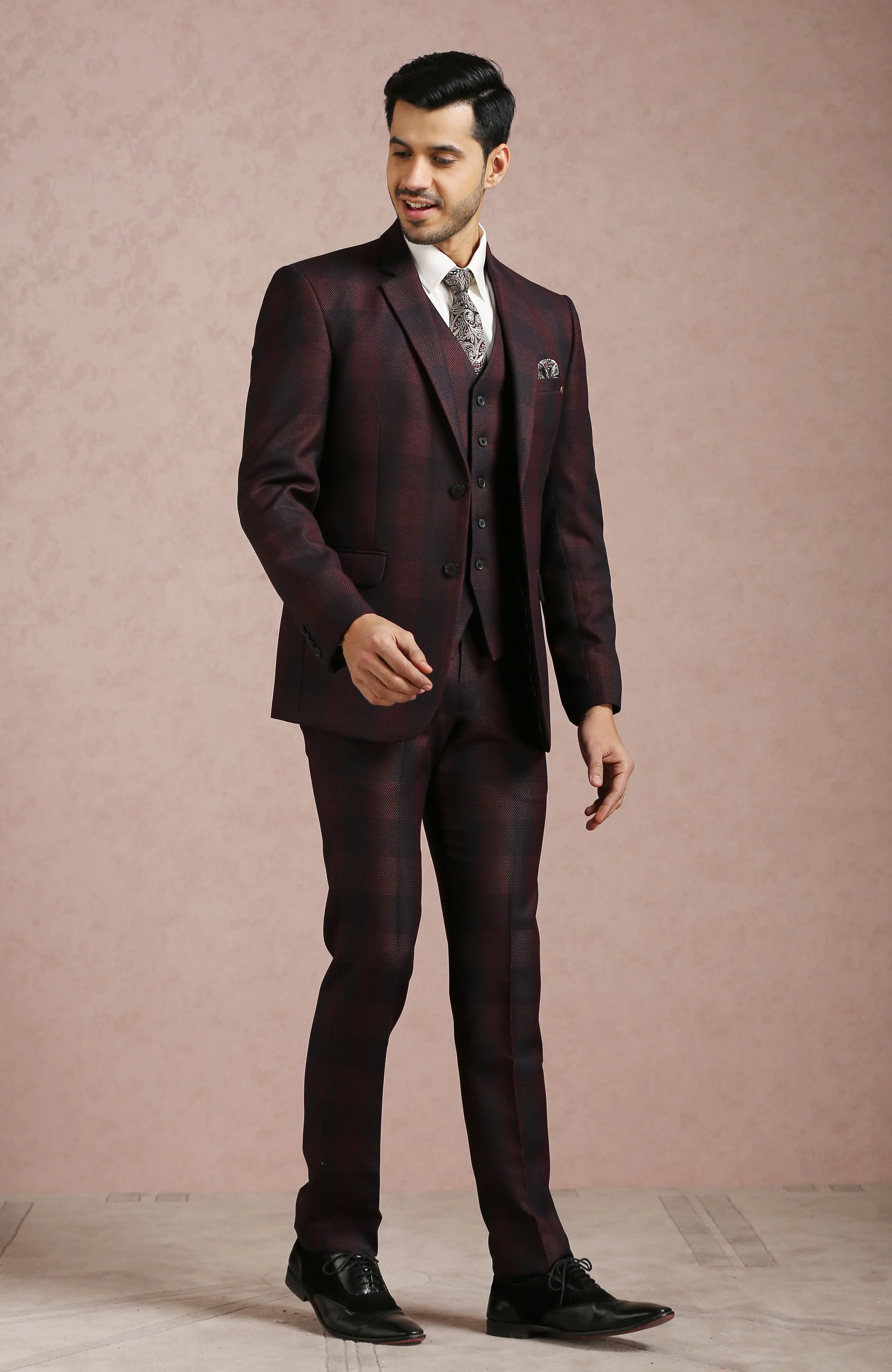 Wine Broad Checked Notch Collar Suit