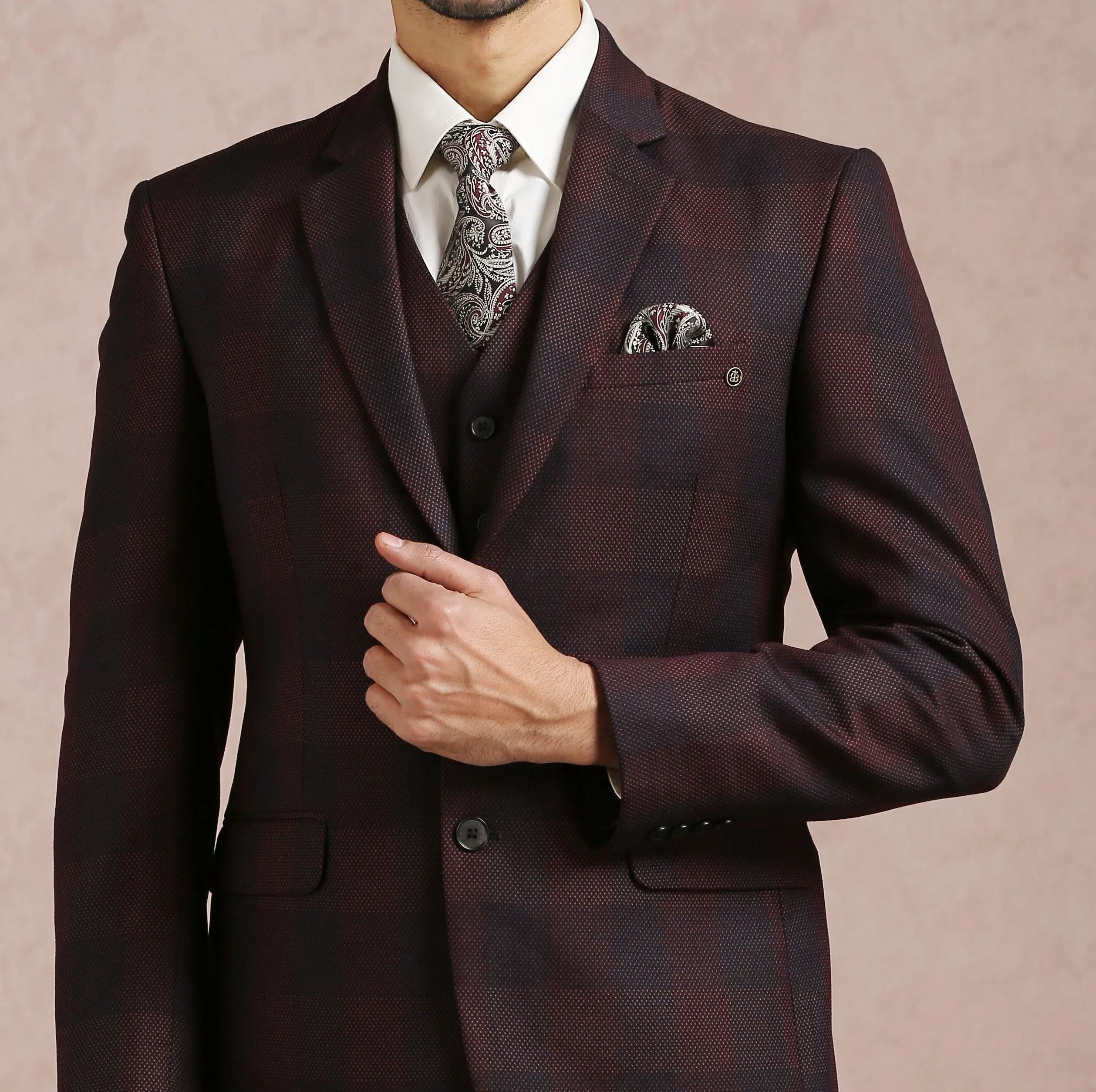 Wine Broad Checked Notch Collar Suit