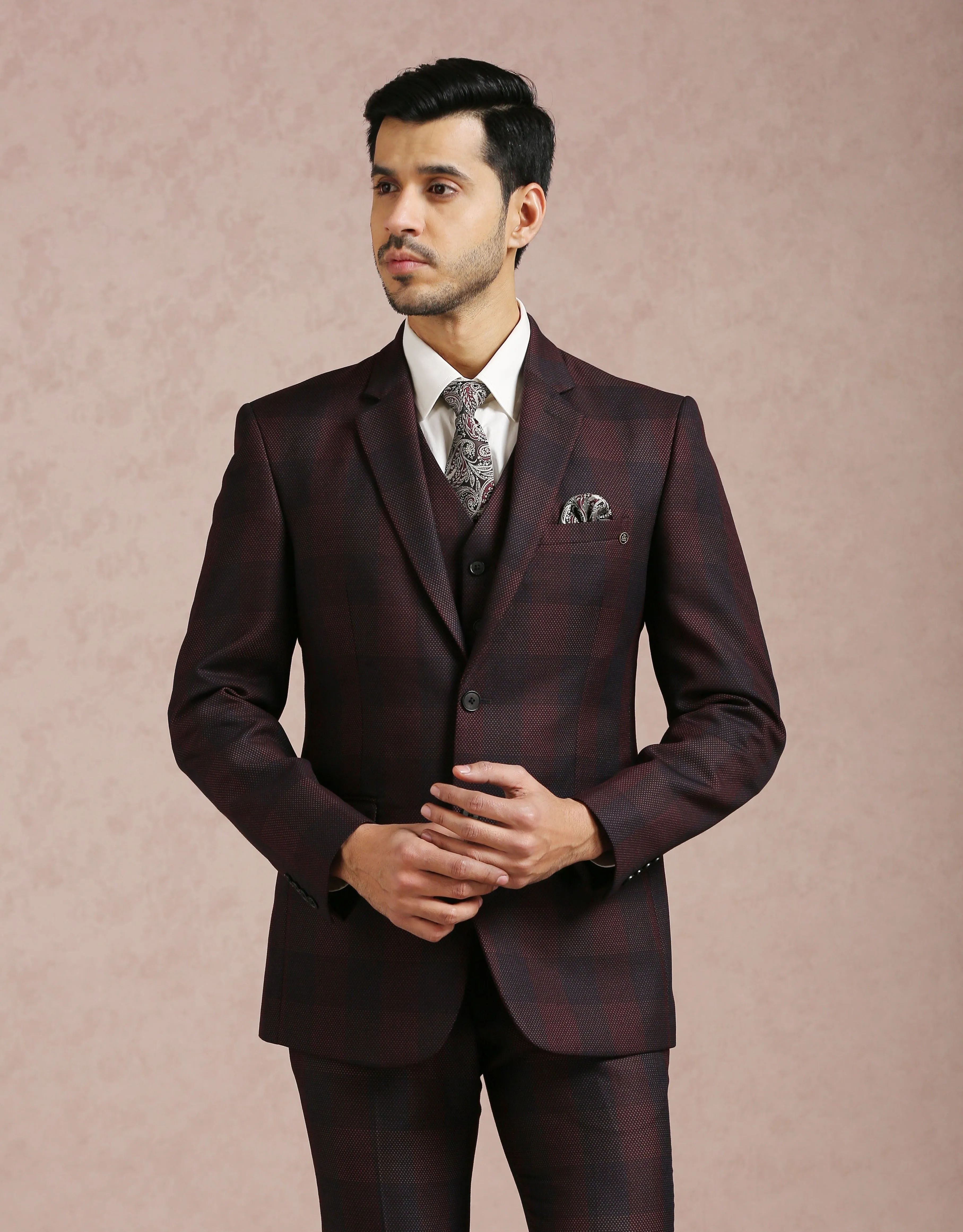 Wine Broad Checked Notch Collar Suit