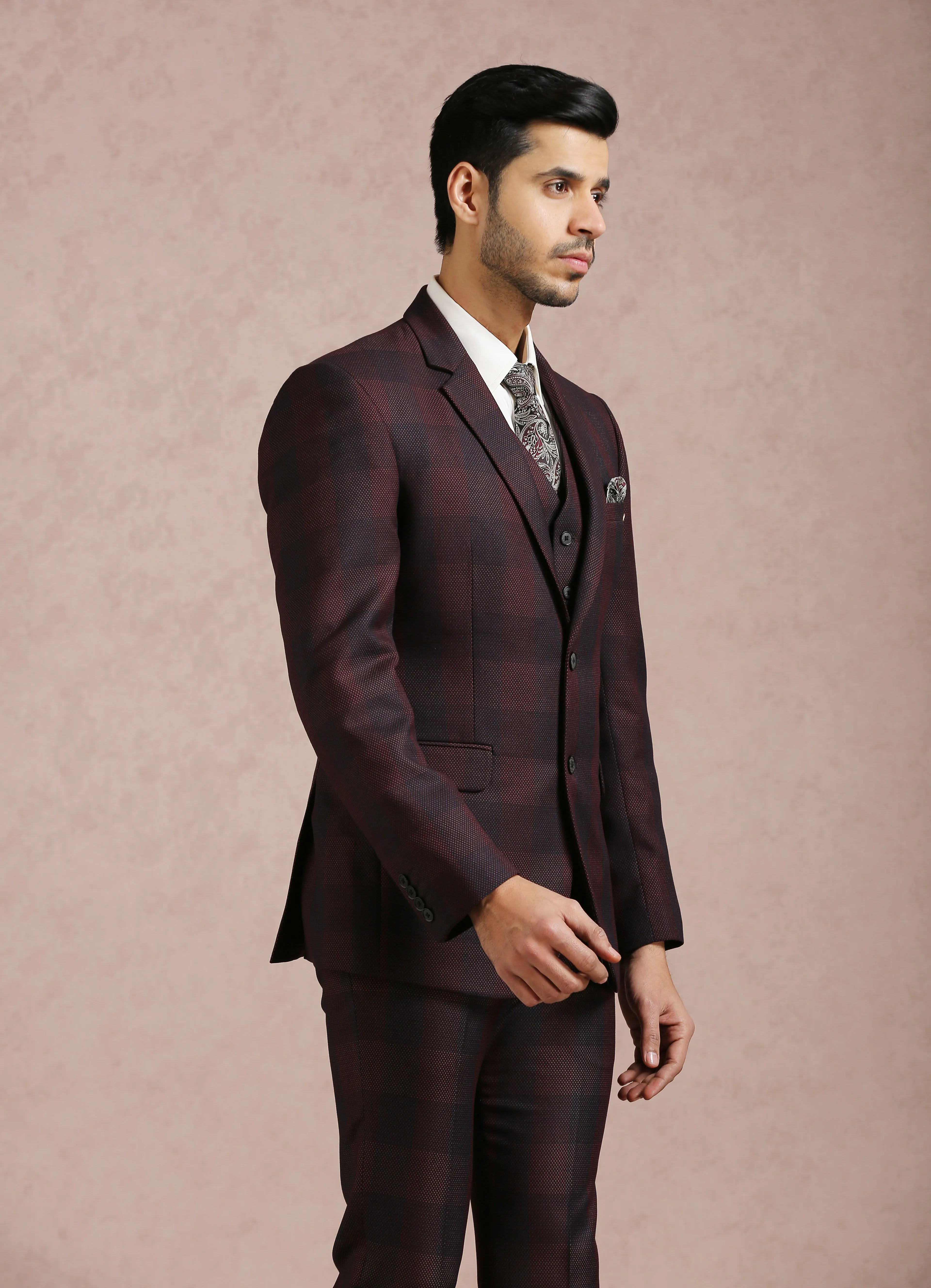 Wine Broad Checked Notch Collar Suit