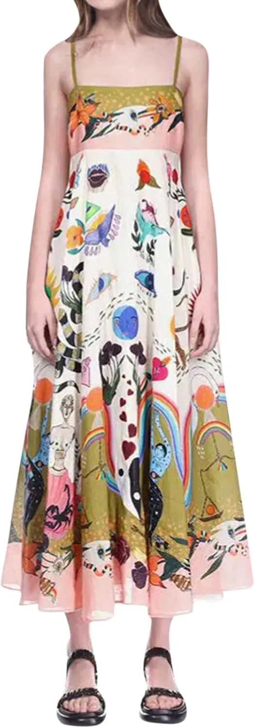 Women Dresses 2025 Cute Print Maxi Cami Dresses Sleeveless Casual Spaghetti Strap Graffiti Dress Vacation Dresses