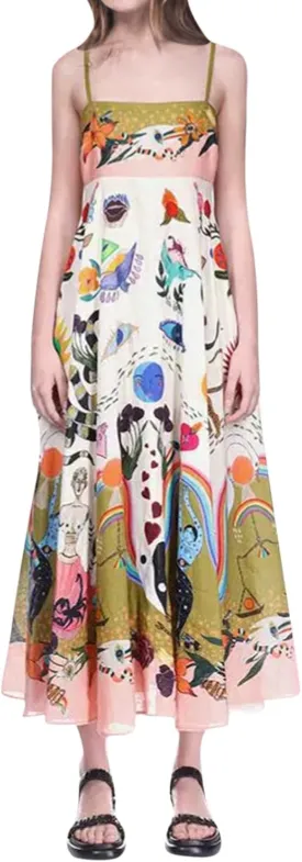 Women Dresses 2025 Cute Print Maxi Cami Dresses Sleeveless Casual Spaghetti Strap Graffiti Dress Vacation Dresses