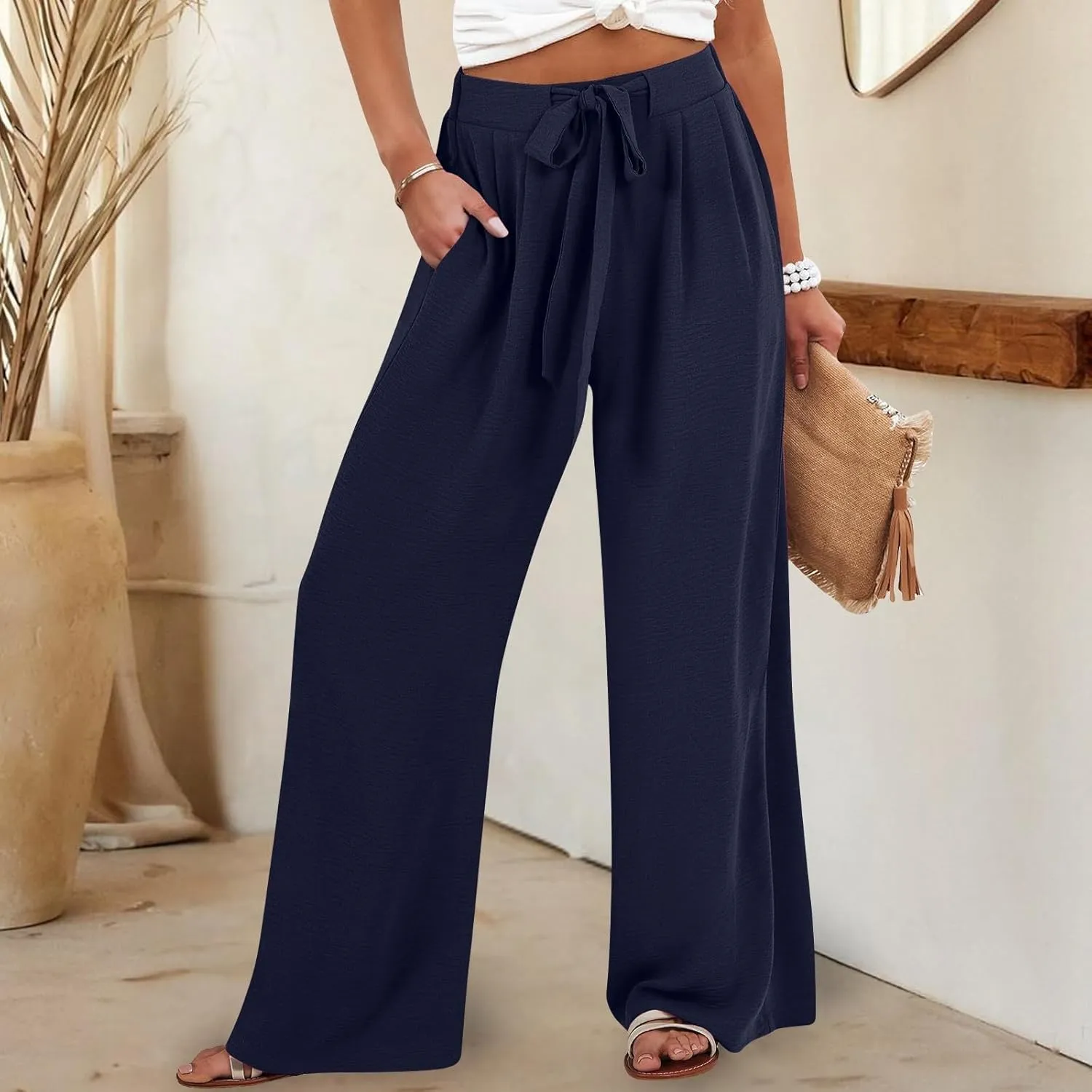 Women Flowy Wide Leg Palazzo Pants High Waisted Travel Beach Lounge Pant Tie Knot Loose Summer Work Dressy Trousers