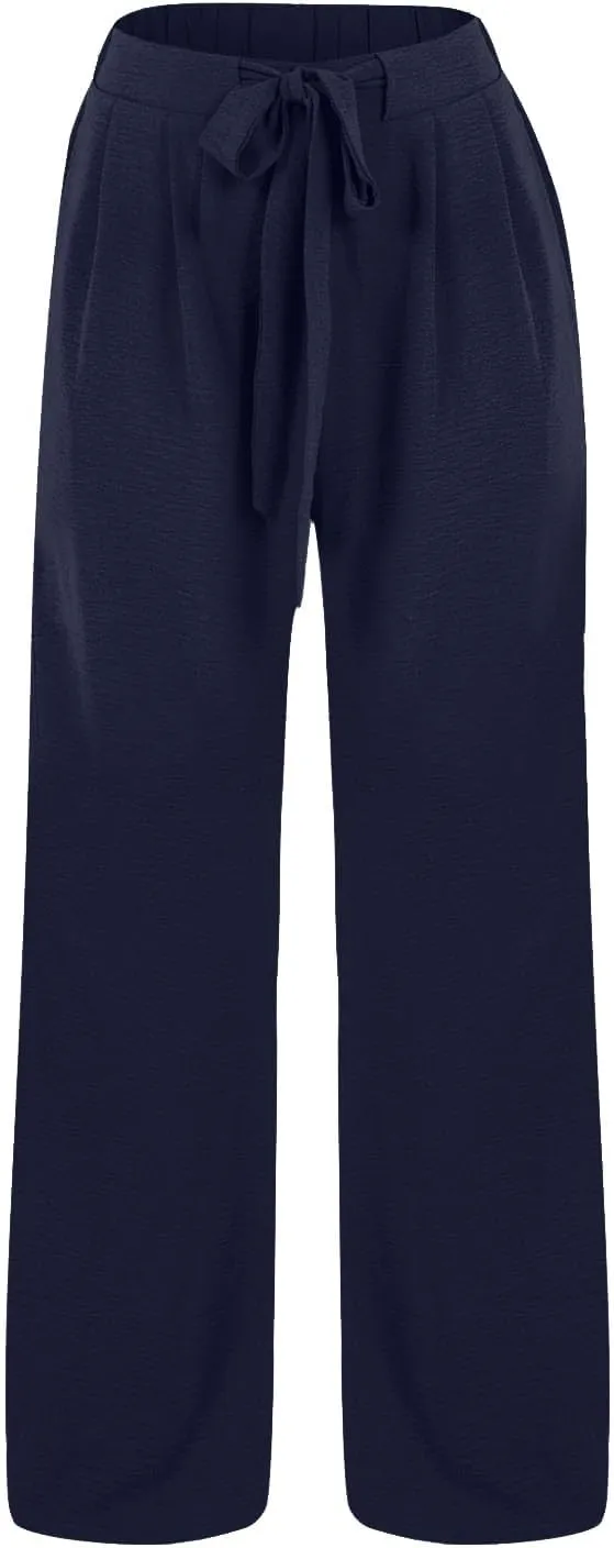 Women Flowy Wide Leg Palazzo Pants High Waisted Travel Beach Lounge Pant Tie Knot Loose Summer Work Dressy Trousers
