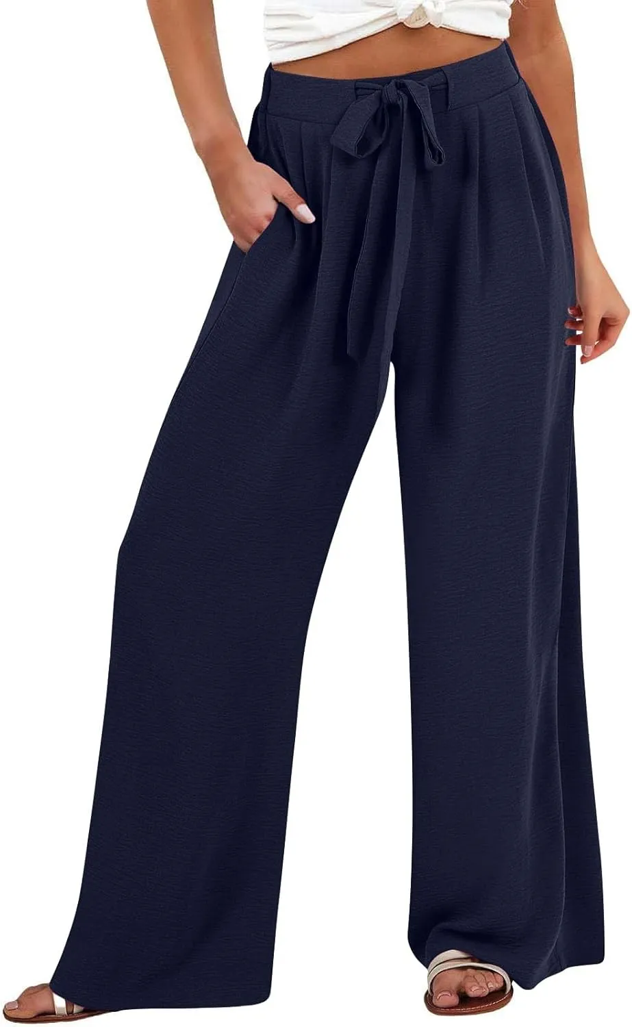 Women Flowy Wide Leg Palazzo Pants High Waisted Travel Beach Lounge Pant Tie Knot Loose Summer Work Dressy Trousers