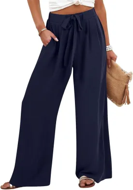 Women Flowy Wide Leg Palazzo Pants High Waisted Travel Beach Lounge Pant Tie Knot Loose Summer Work Dressy Trousers