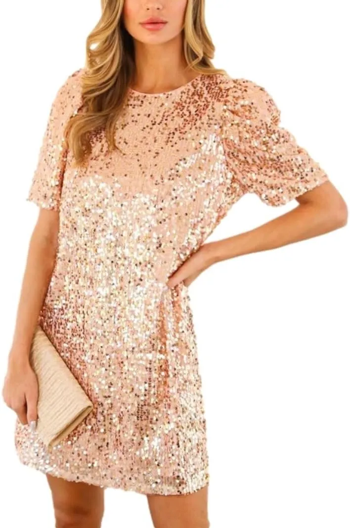 Women Puff Short Sleeve Sparkle Shift Dress Crewneck Sequin Shimmer Cocktail Party Dress
