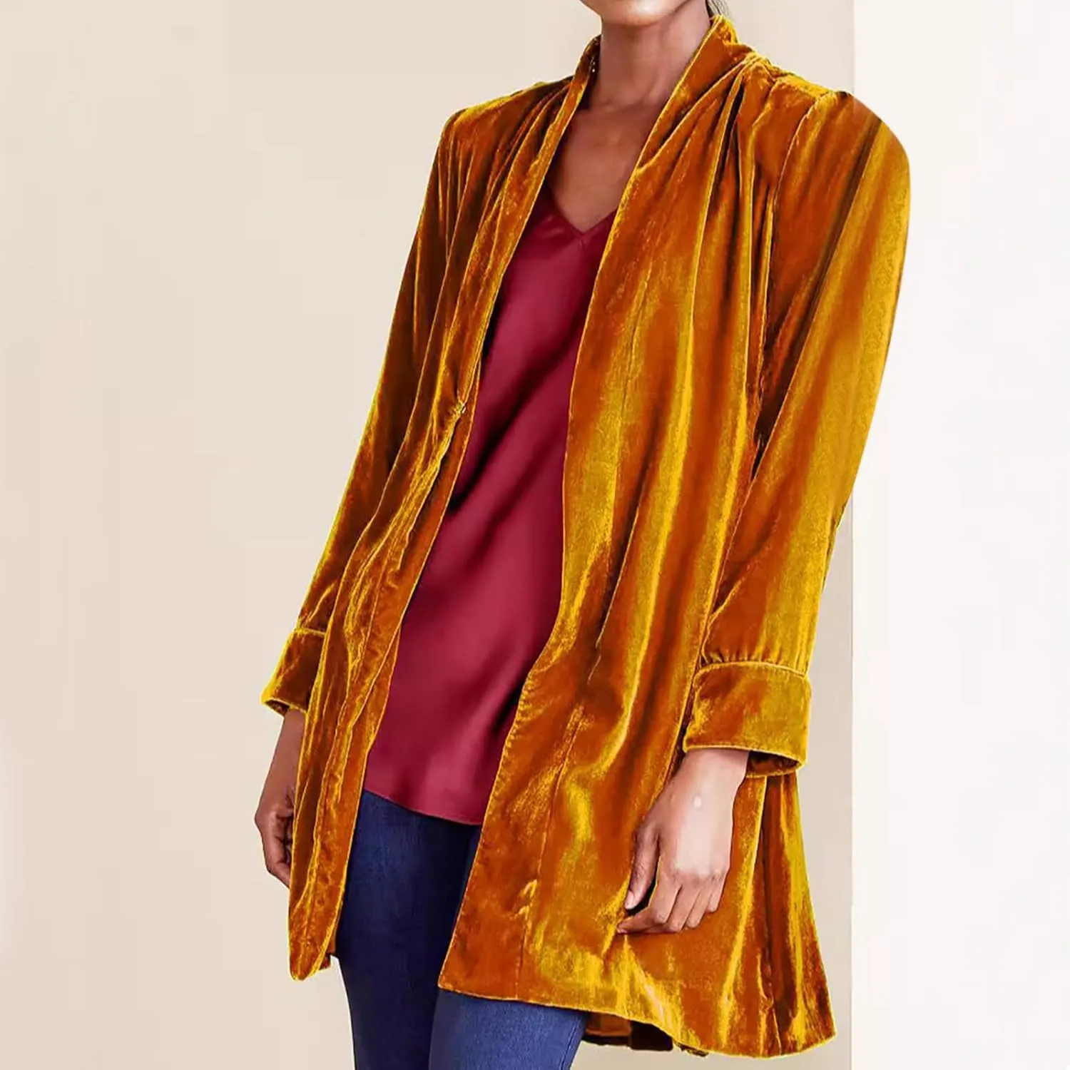 Women Velvet Blazer Jackets Casual Long Sleeve Lapel Collar Long Business Work Cardigan Outerwear Elegant Velour Tops