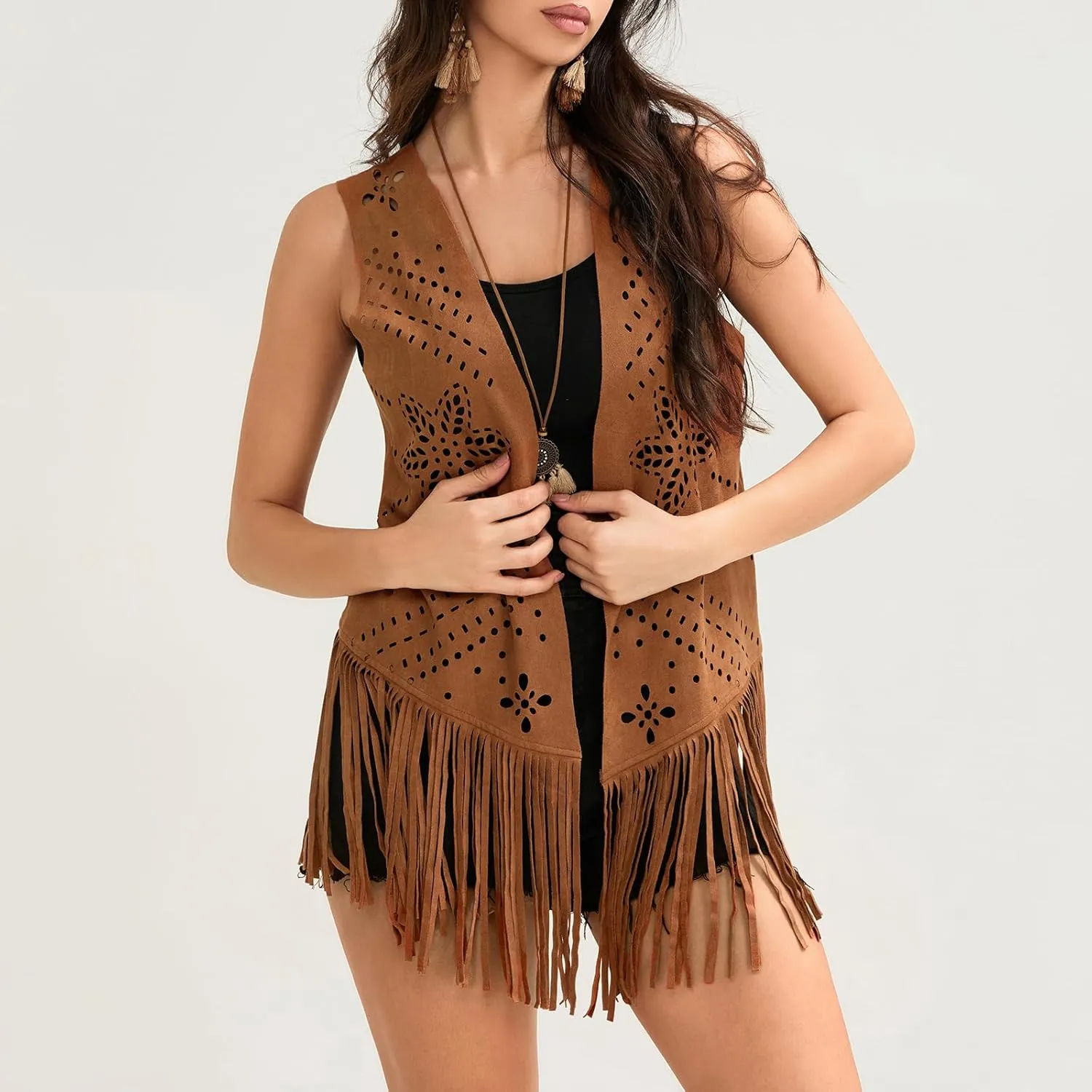 Women Western Fringe Vest 70s Hippie Sleeveless Cowgirl Open Front Tassel Faux Suede Jacket Country Concert Outfit