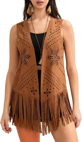 Women Western Fringe Vest 70s Hippie Sleeveless Cowgirl Open Front Tassel Faux Suede Jacket Country Concert Outfit