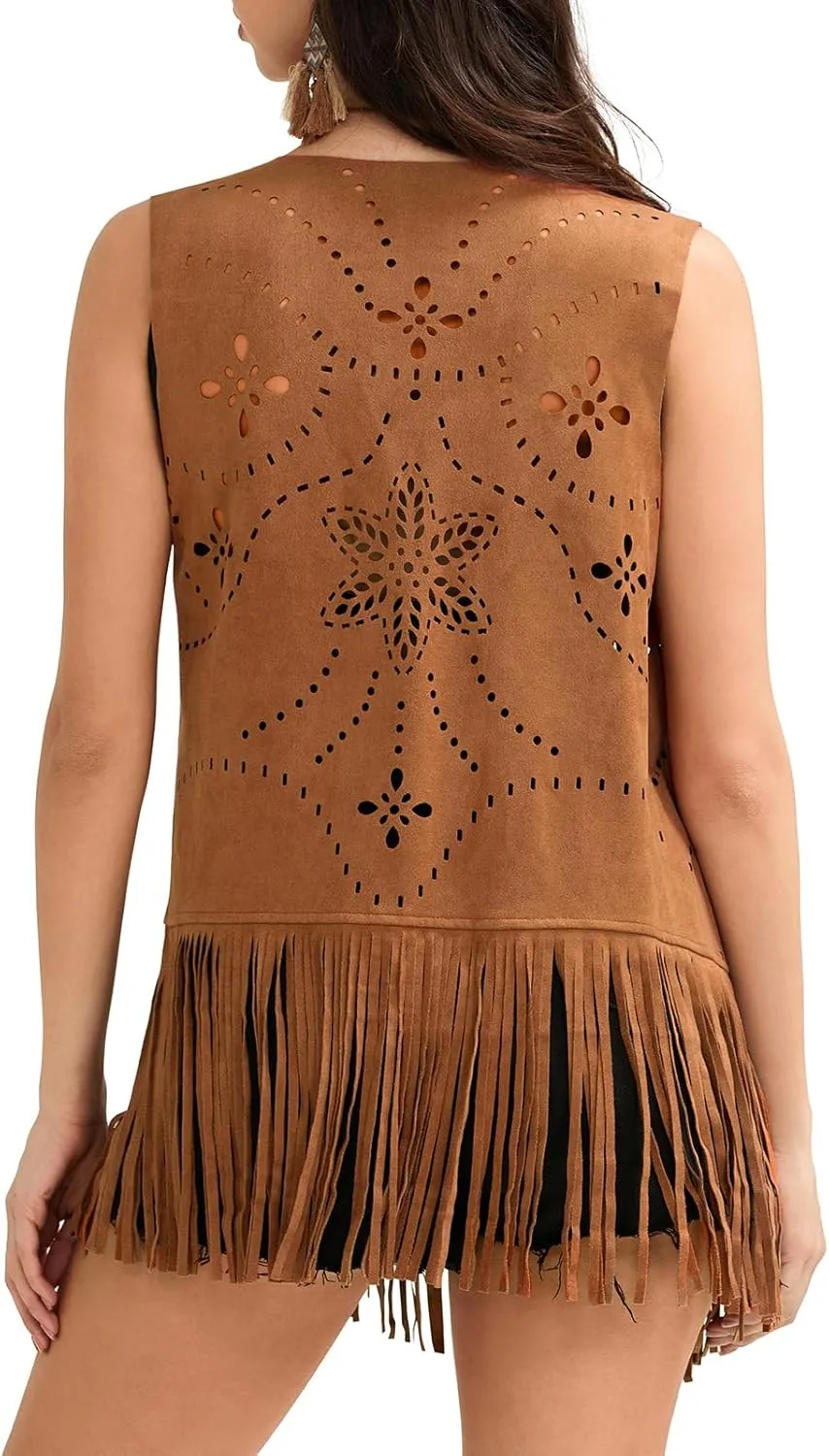 Women Western Fringe Vest 70s Hippie Sleeveless Cowgirl Open Front Tassel Faux Suede Jacket Country Concert Outfit