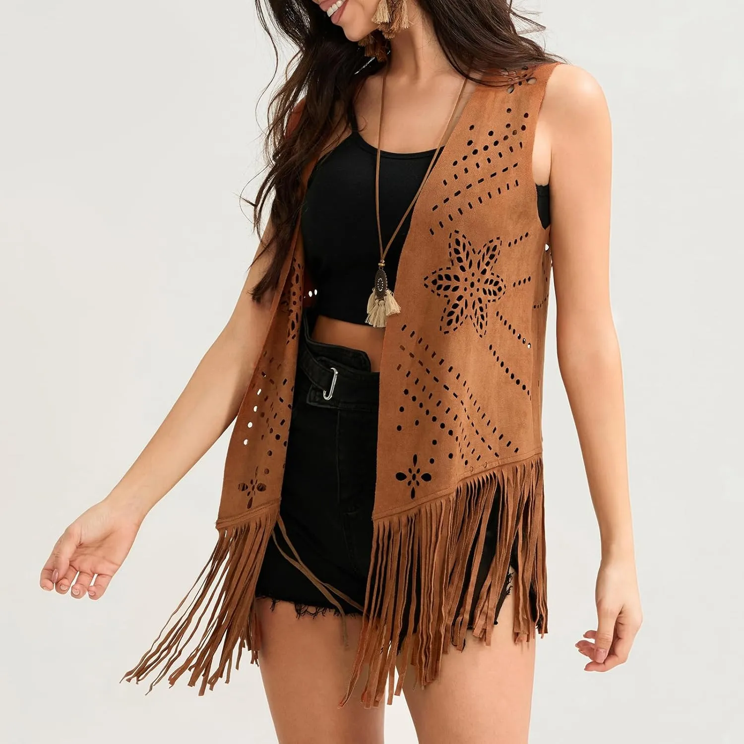 Women Western Fringe Vest 70s Hippie Sleeveless Cowgirl Open Front Tassel Faux Suede Jacket Country Concert Outfit