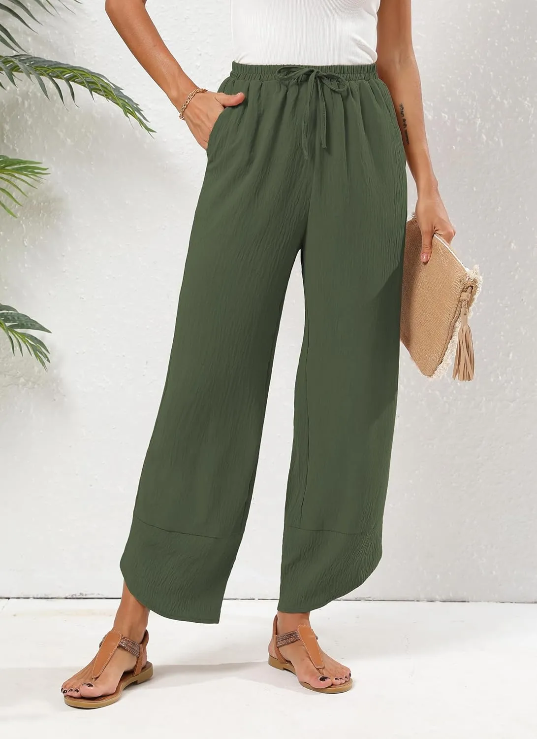 Women's Baggy Wide Leg Palazzo Pants Business Casual High Waisted Flowy Elastic Waist Sandy Shore Pants Pockets