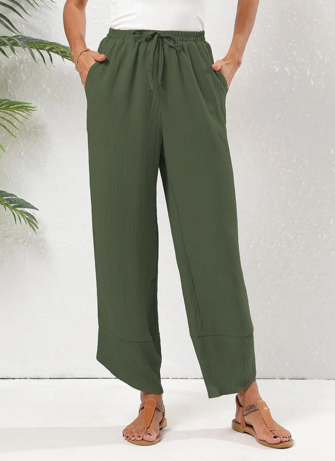 Women's Baggy Wide Leg Palazzo Pants Business Casual High Waisted Flowy Elastic Waist Sandy Shore Pants Pockets