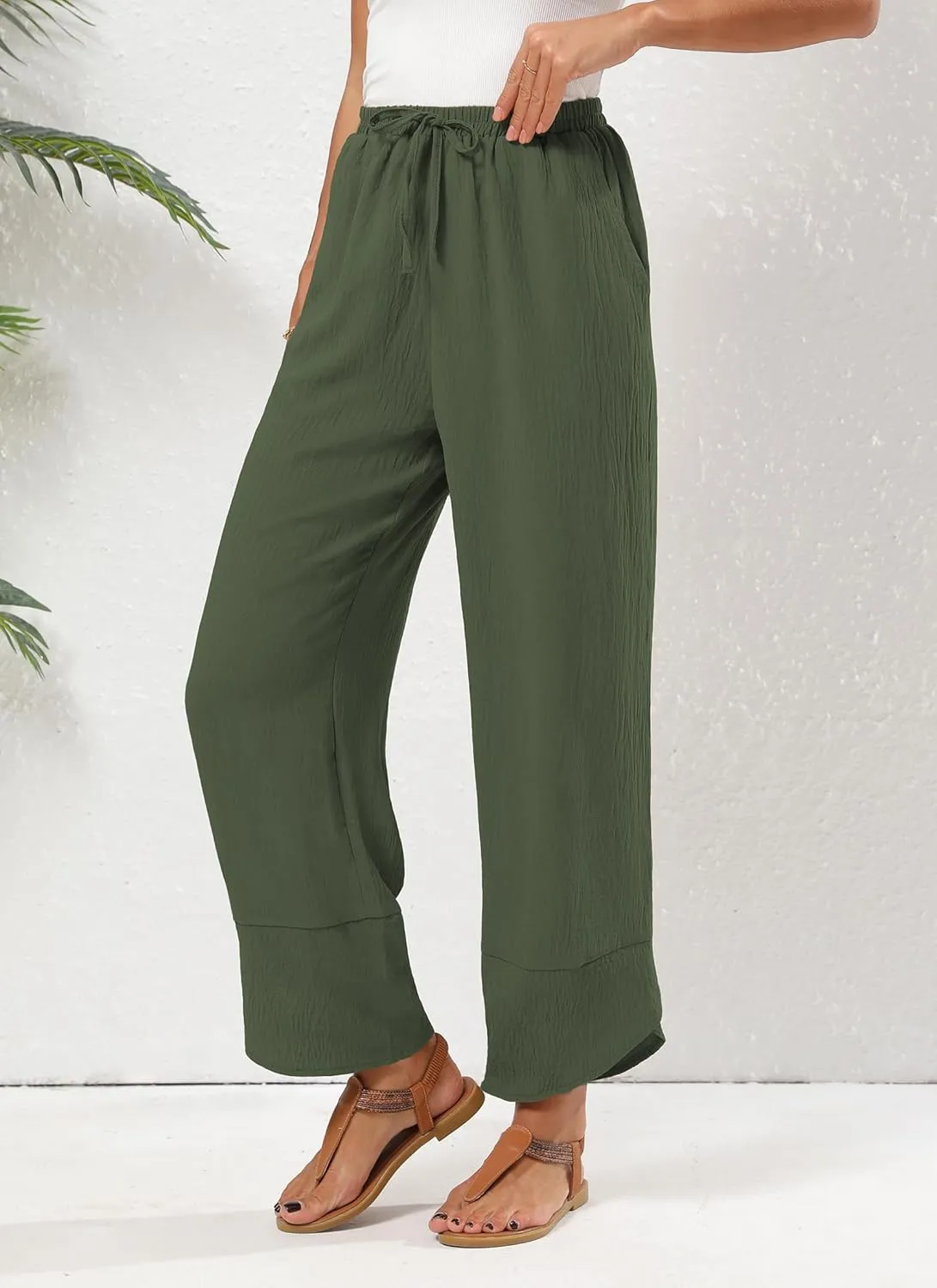 Women's Baggy Wide Leg Palazzo Pants Business Casual High Waisted Flowy Elastic Waist Sandy Shore Pants Pockets