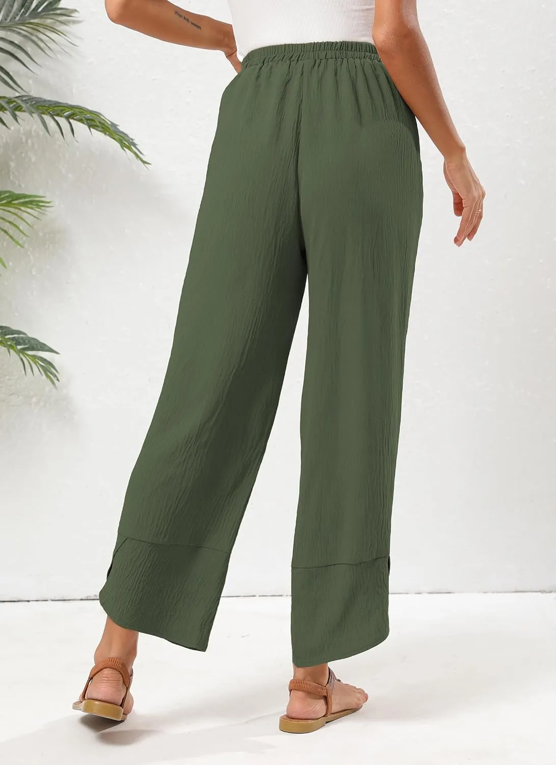Women's Baggy Wide Leg Palazzo Pants Business Casual High Waisted Flowy Elastic Waist Sandy Shore Pants Pockets