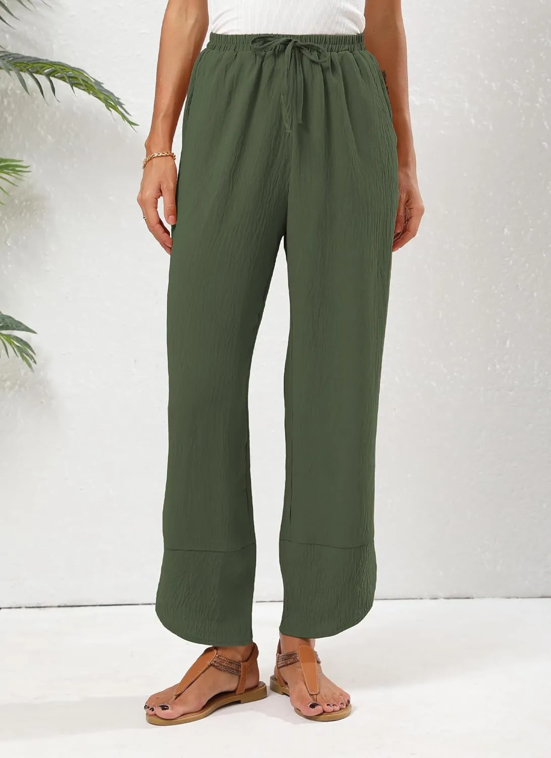 Women's Baggy Wide Leg Palazzo Pants Business Casual High Waisted Flowy Elastic Waist Sandy Shore Pants Pockets
