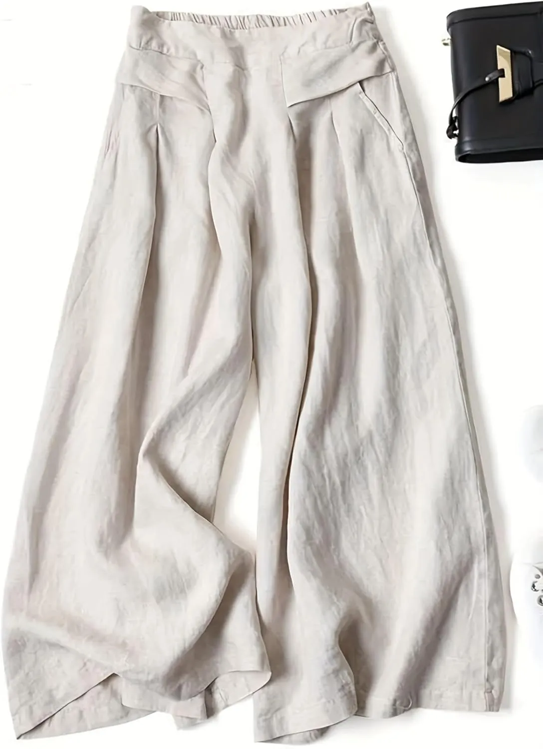 Womens Baggy Wide Leg Palazzo Pants Loose Elastic Waist Linen Pants Palazzo Lounge Trousers