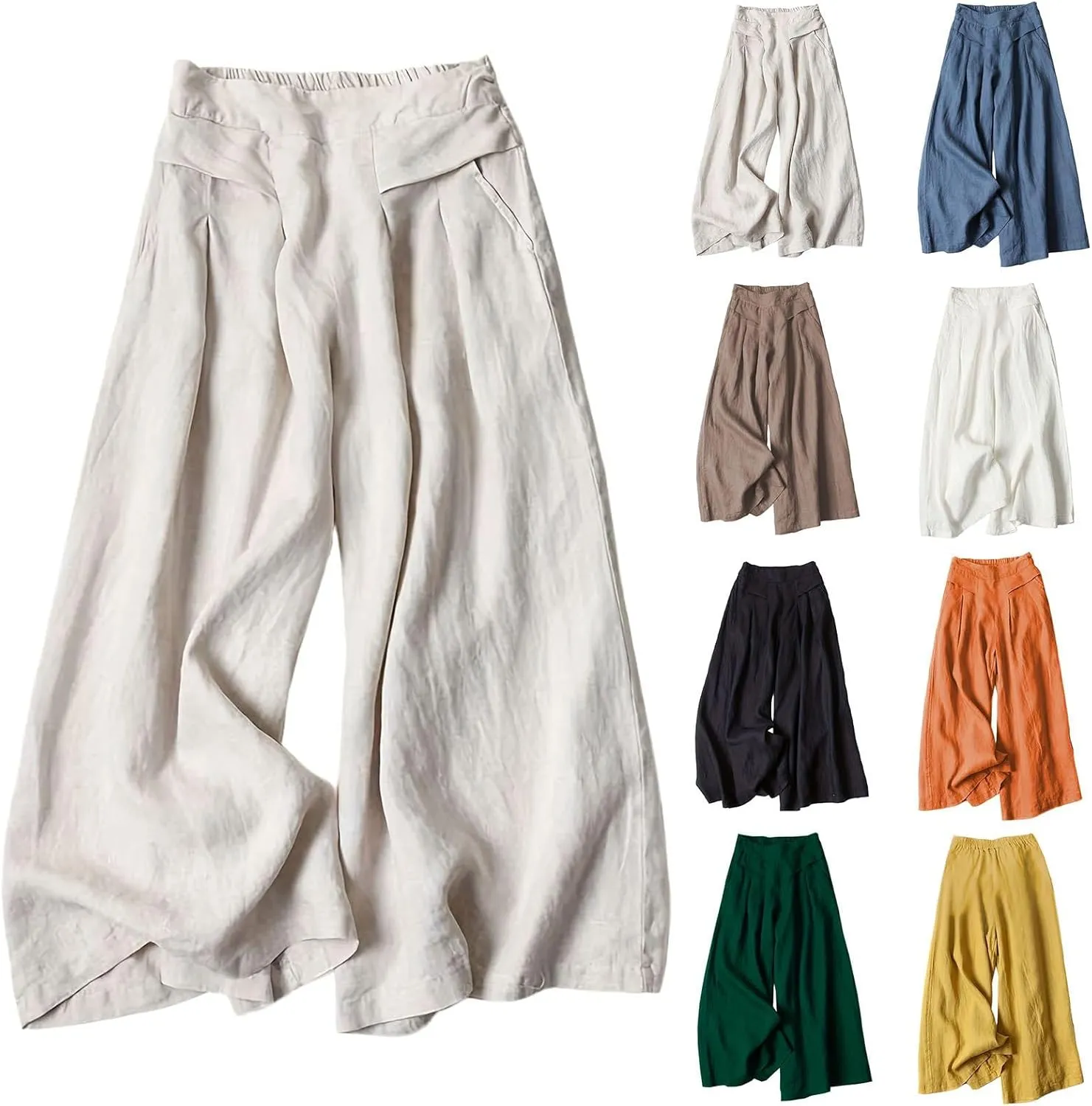 Womens Baggy Wide Leg Palazzo Pants Loose Elastic Waist Linen Pants Palazzo Lounge Trousers