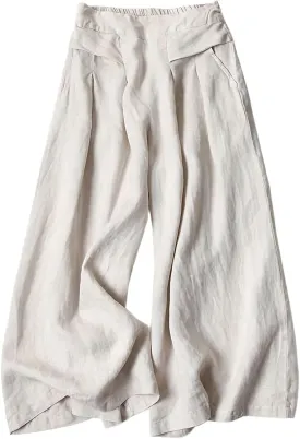 Womens Baggy Wide Leg Palazzo Pants Loose Elastic Waist Linen Pants Palazzo Lounge Trousers