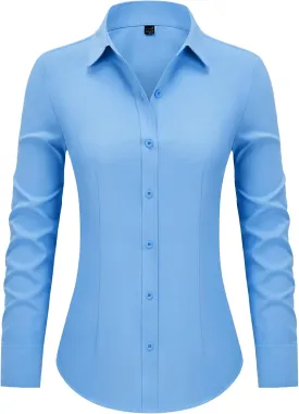 Women's Button Down Shirts Collared Fitted Dress Shirts Long Sleeve Wrinkle Free Blouse Formal Office Work Tunic Tops