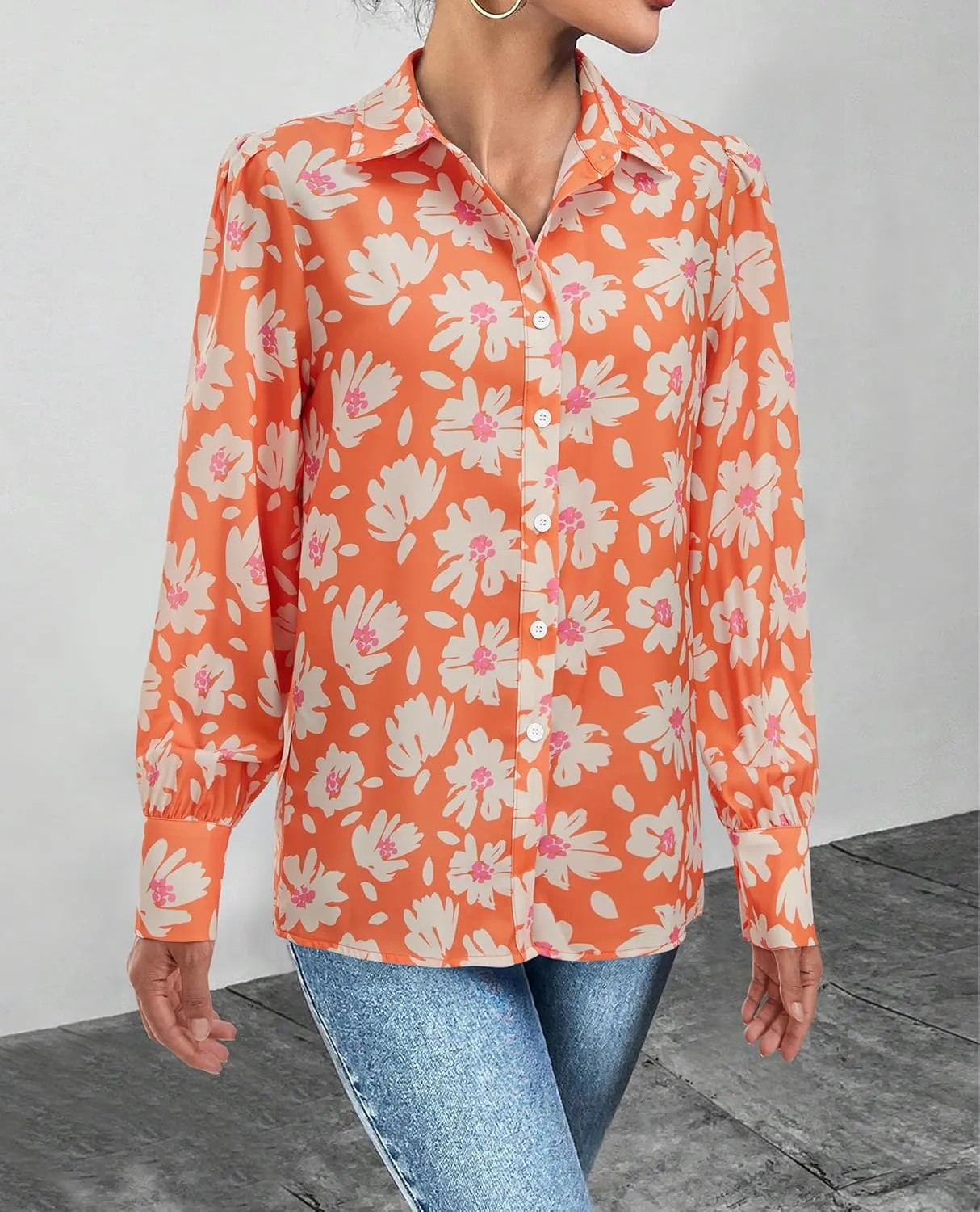 Womens Button Down Shirts Lantern Long Sleeve Dressy Casual Floral Printed Tops Chiffon Boho Trendy Blouses