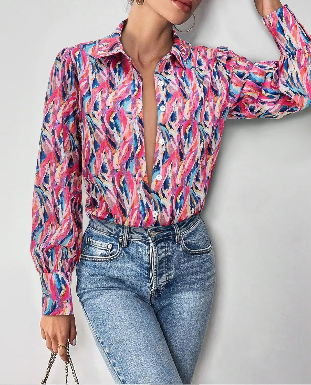 Womens Button Down Shirts Lantern Long Sleeve Dressy Casual Floral Printed Tops Chiffon Boho Trendy Blouses