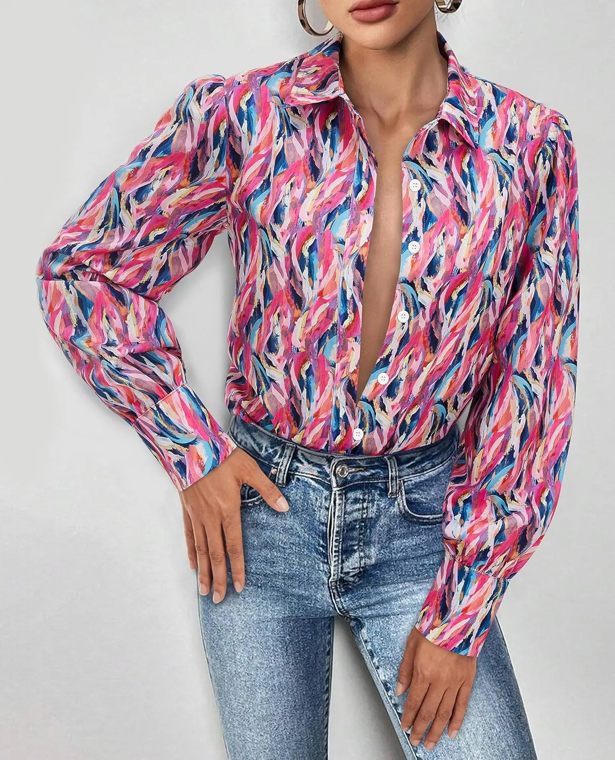 Womens Button Down Shirts Lantern Long Sleeve Dressy Casual Floral Printed Tops Chiffon Boho Trendy Blouses