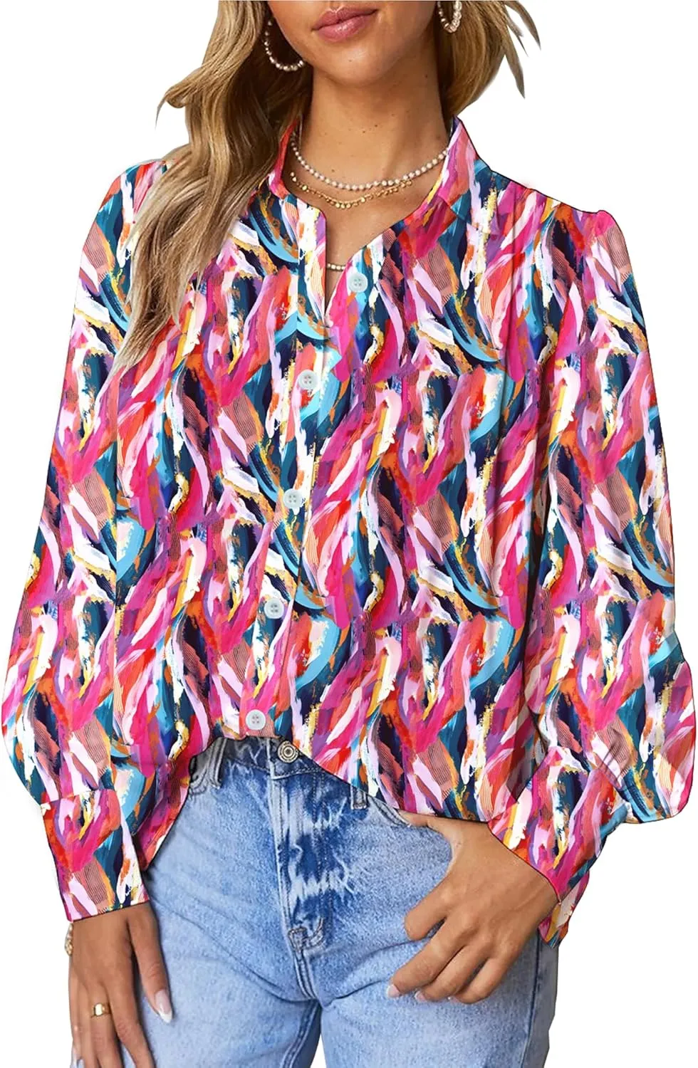 Womens Button Down Shirts Lantern Long Sleeve Dressy Casual Floral Printed Tops Chiffon Boho Trendy Blouses