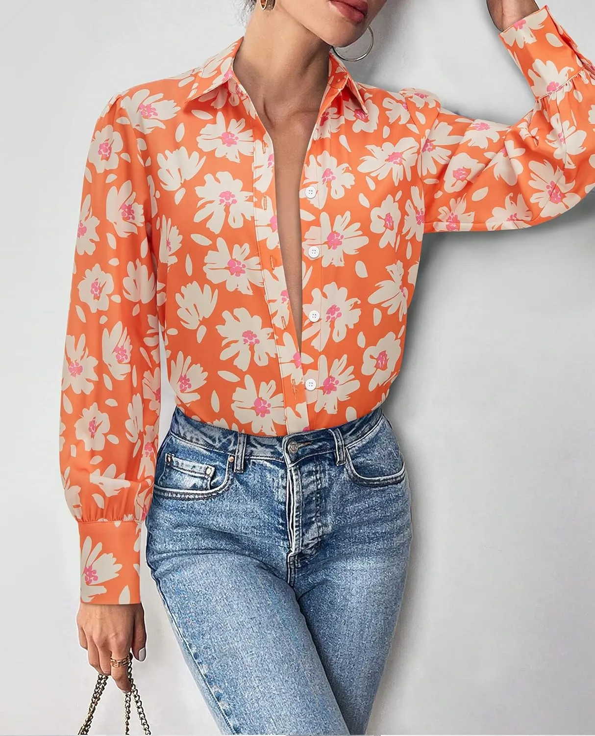 Womens Button Down Shirts Lantern Long Sleeve Dressy Casual Floral Printed Tops Chiffon Boho Trendy Blouses