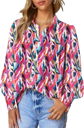 Womens Button Down Shirts Lantern Long Sleeve Dressy Casual Floral Printed Tops Chiffon Boho Trendy Blouses