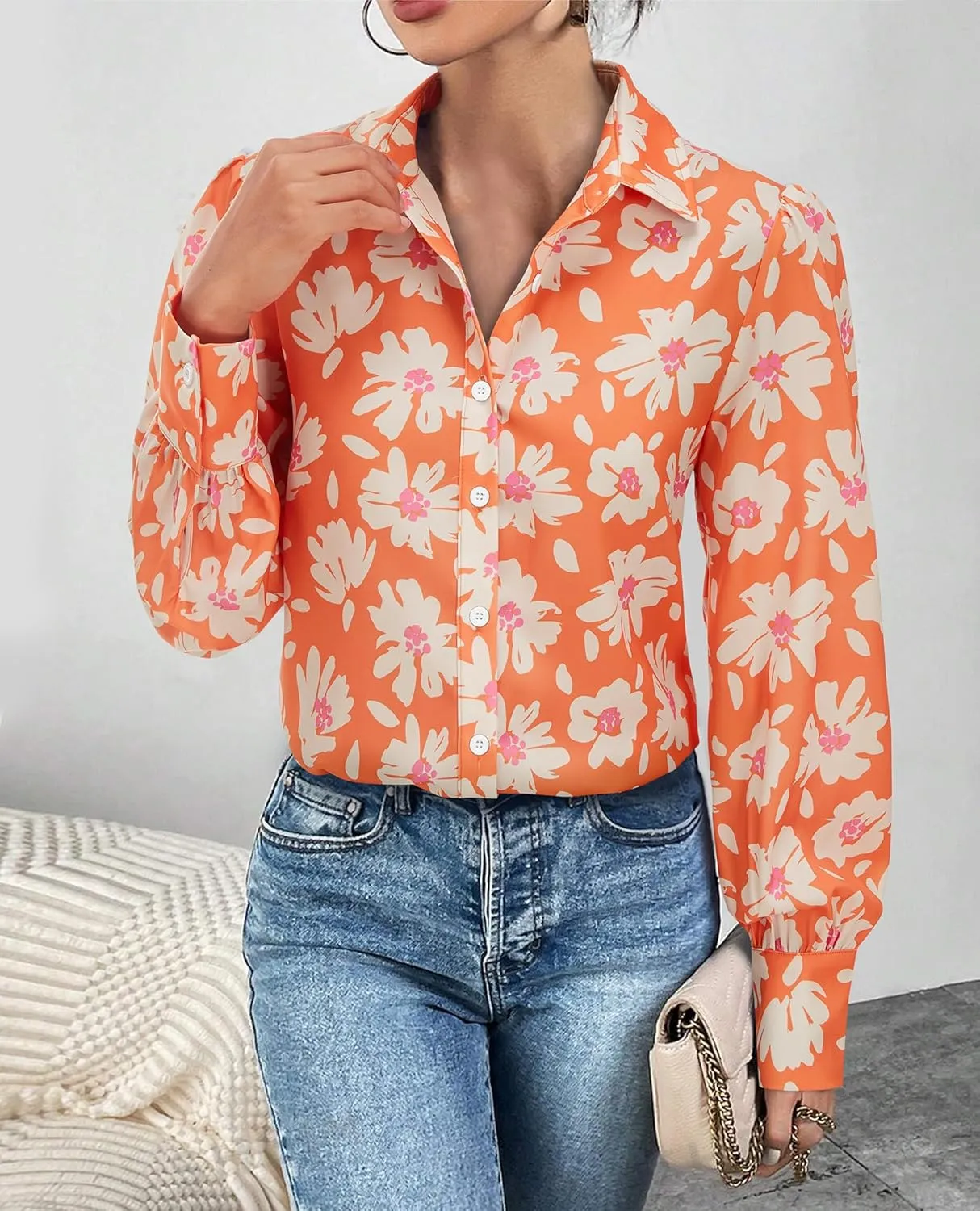 Womens Button Down Shirts Lantern Long Sleeve Dressy Casual Floral Printed Tops Chiffon Boho Trendy Blouses
