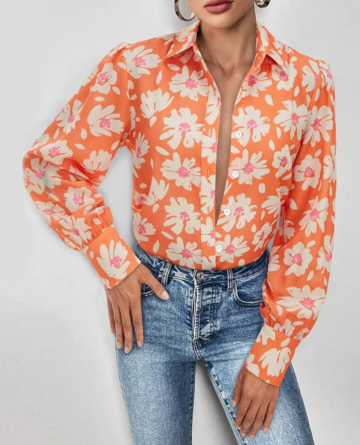Womens Button Down Shirts Lantern Long Sleeve Dressy Casual Floral Printed Tops Chiffon Boho Trendy Blouses