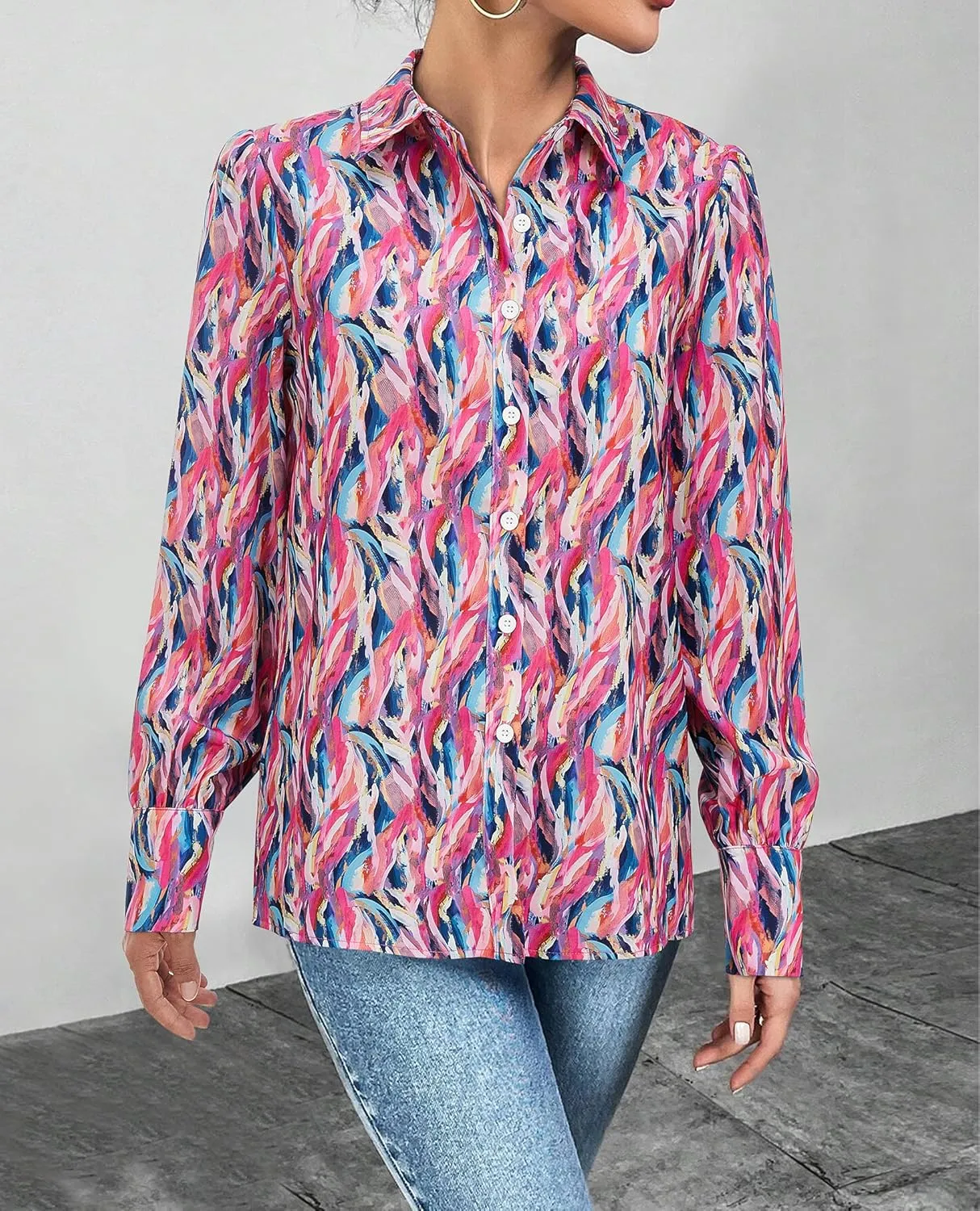 Womens Button Down Shirts Lantern Long Sleeve Dressy Casual Floral Printed Tops Chiffon Boho Trendy Blouses