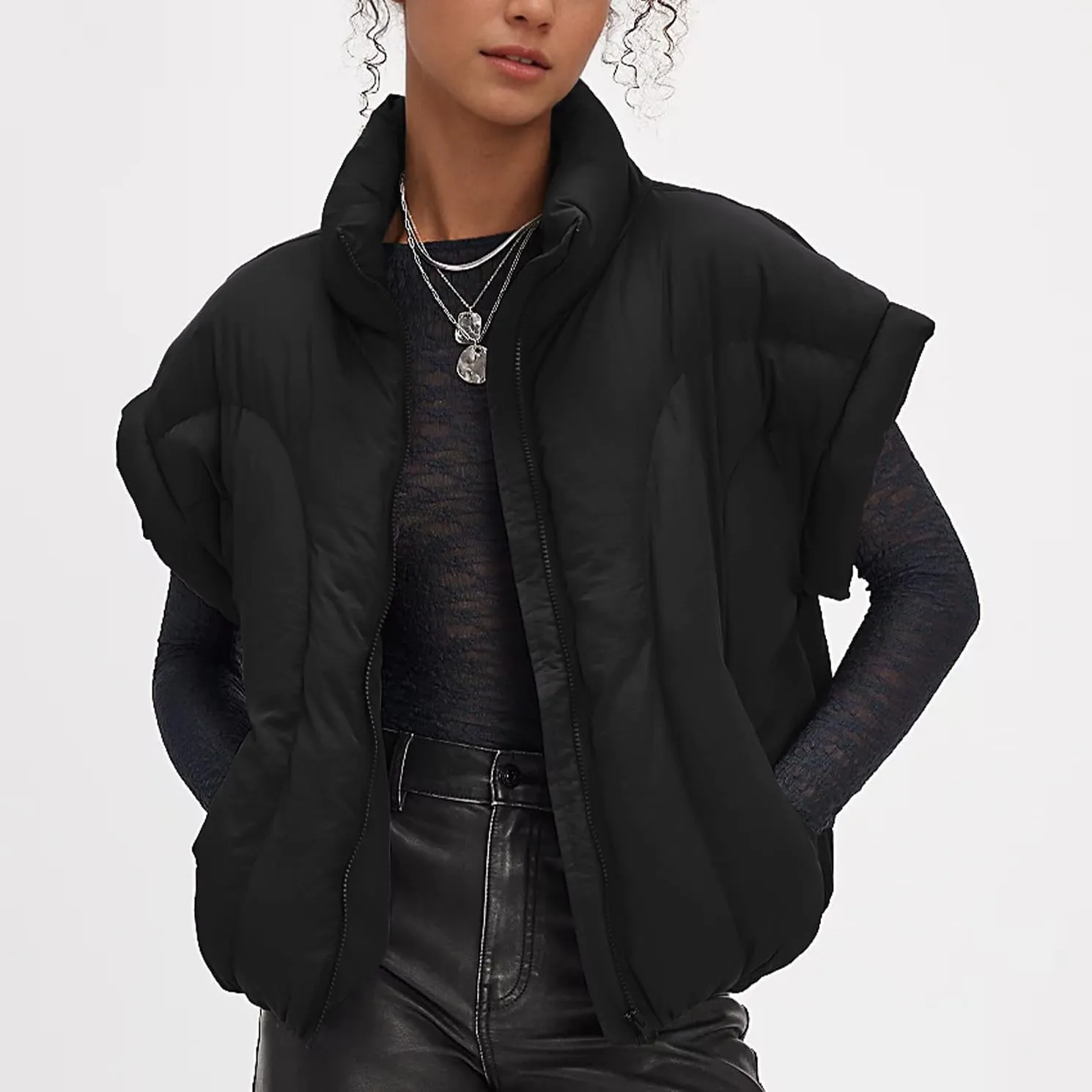 Womens Cropped Puffer Vest Oversized Padded Jackets Stand Collar Cap Sleeve Zip Up Vest Coat Winter Outfits