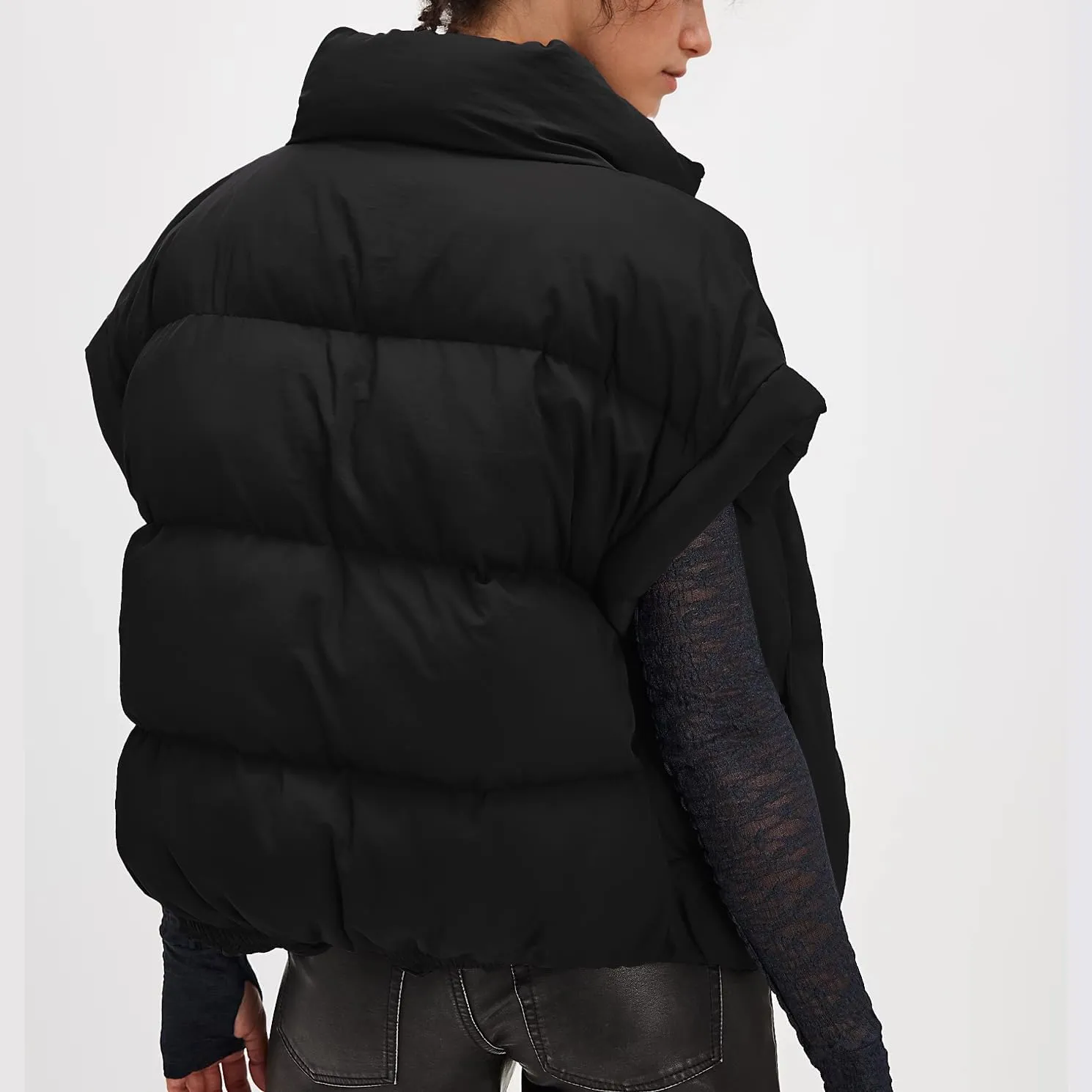 Womens Cropped Puffer Vest Oversized Padded Jackets Stand Collar Cap Sleeve Zip Up Vest Coat Winter Outfits