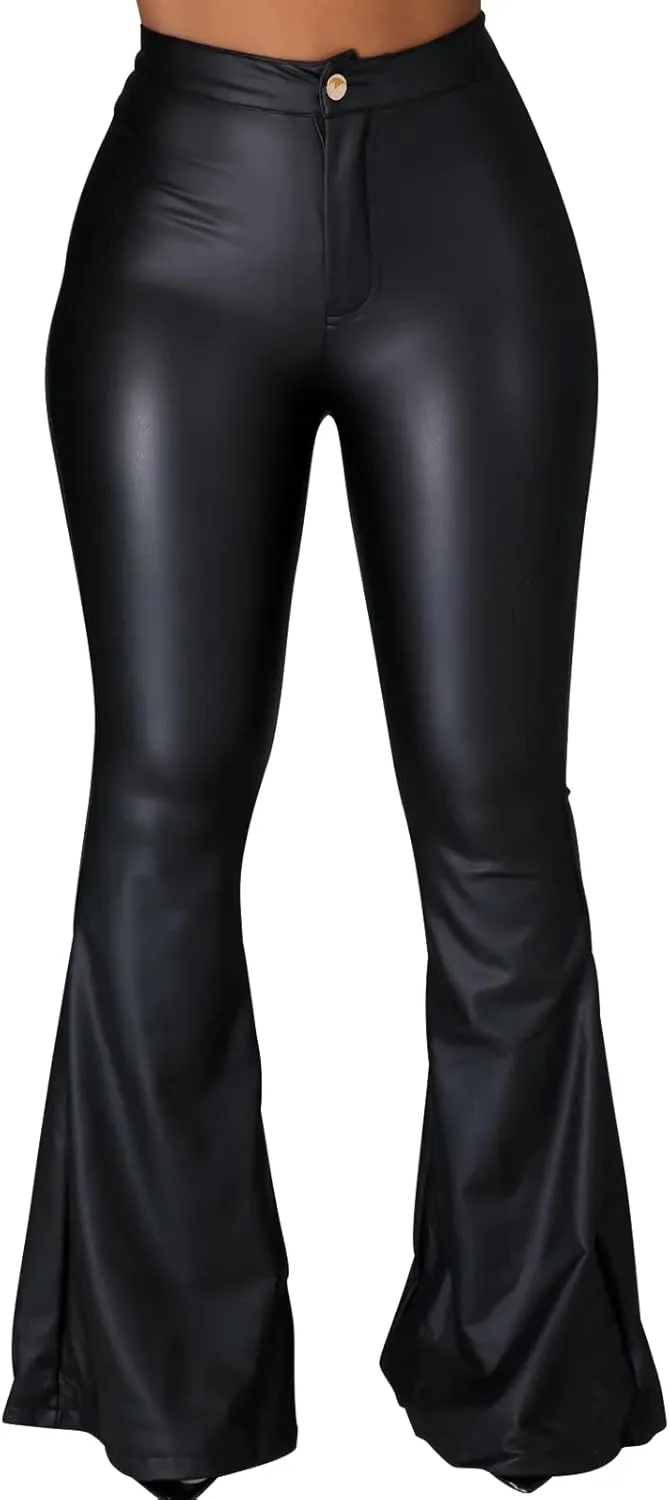 Women's Faux Leather Bell Botom Flare Pants High Waist Stretchy Leggings Wide Leg Trousers