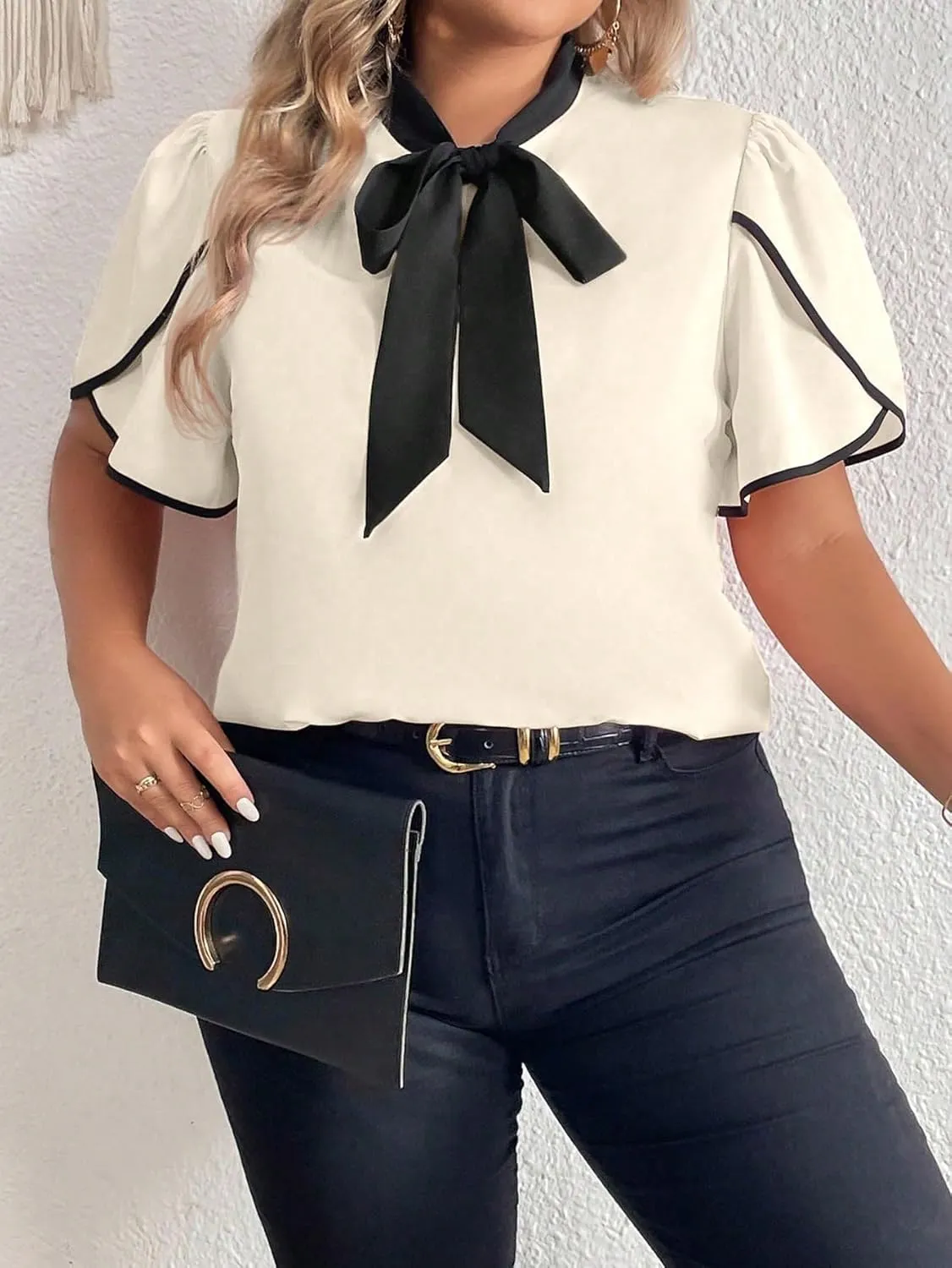 Women's Plus Size Work Office Blouse Bow Tie Neck Petal Sleeve Business Casual Blouse Shirts Top