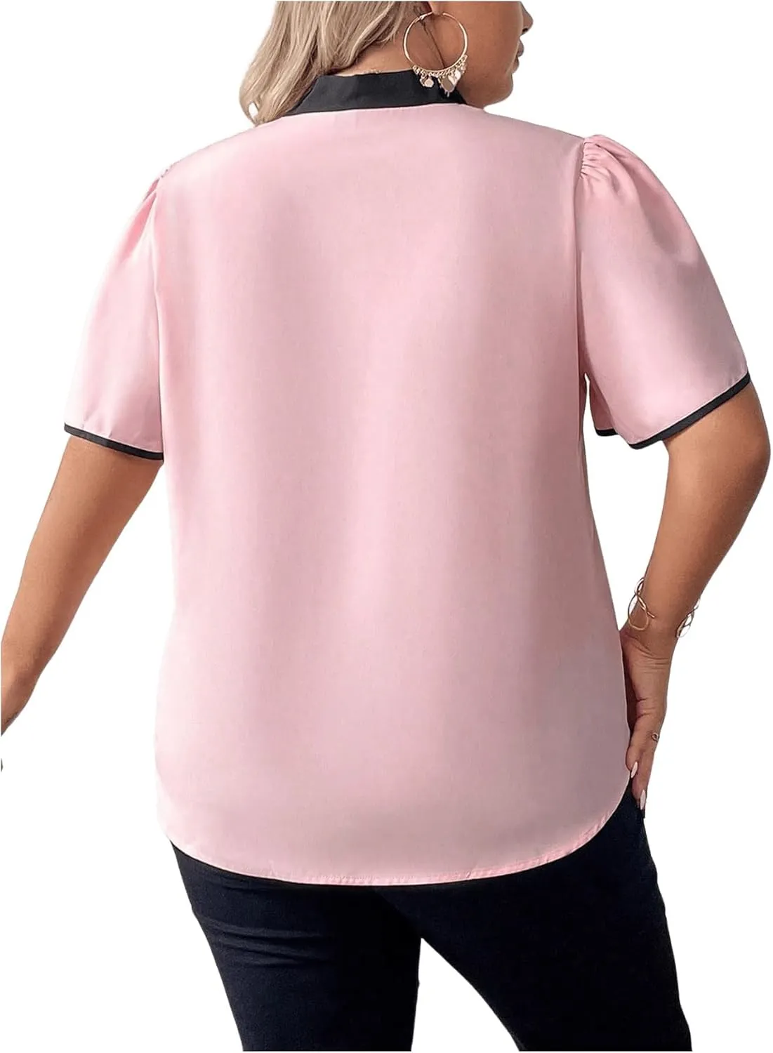 Women's Plus Size Work Office Blouse Bow Tie Neck Petal Sleeve Business Casual Blouse Shirts Top