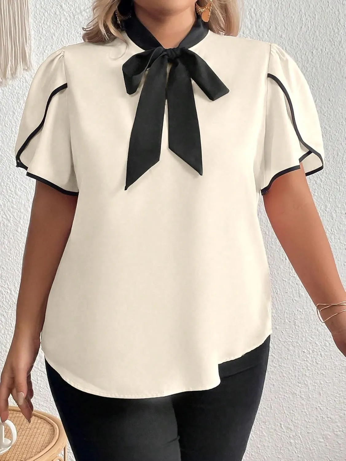 Women's Plus Size Work Office Blouse Bow Tie Neck Petal Sleeve Business Casual Blouse Shirts Top