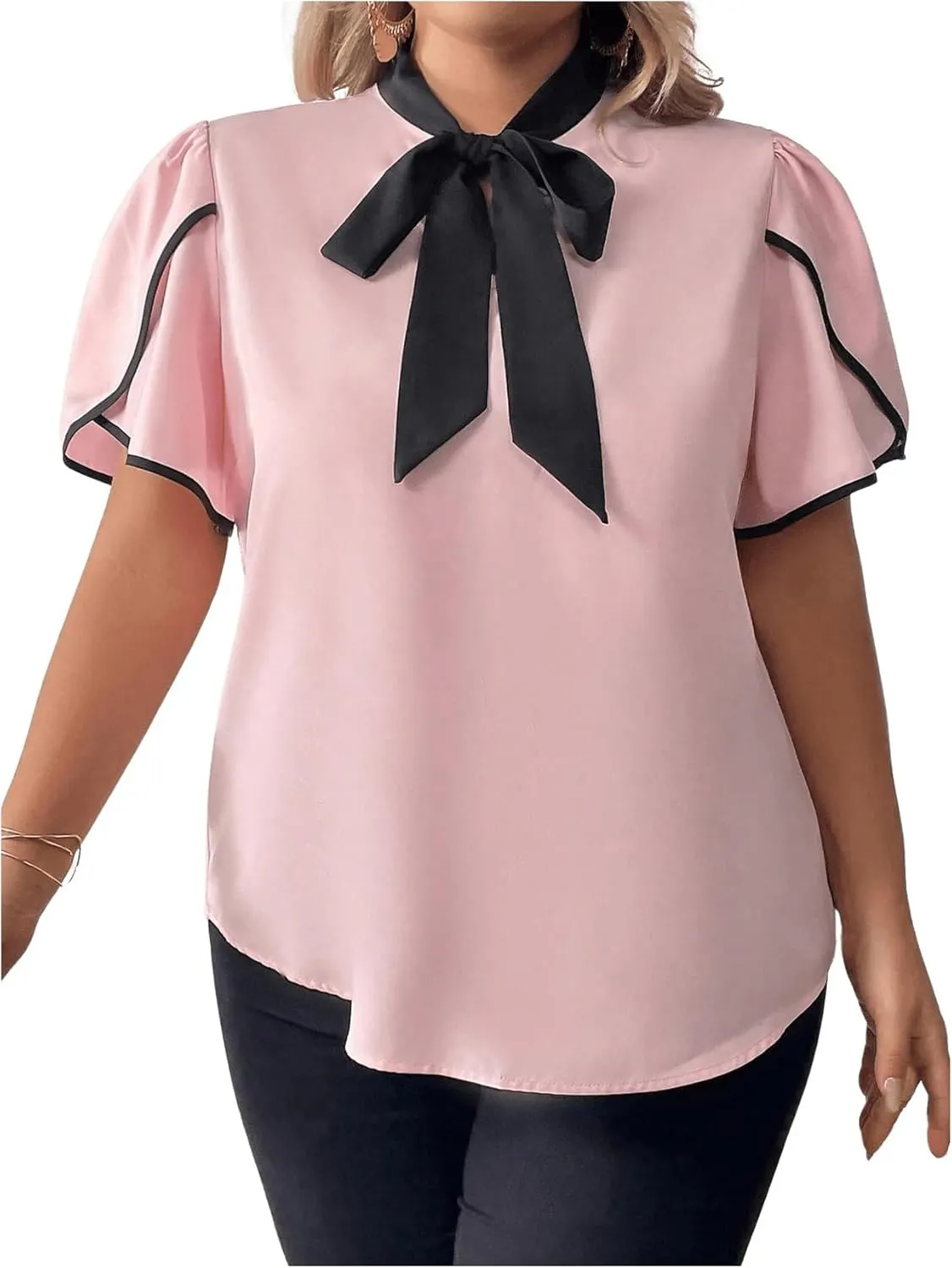 Women's Plus Size Work Office Blouse Bow Tie Neck Petal Sleeve Business Casual Blouse Shirts Top