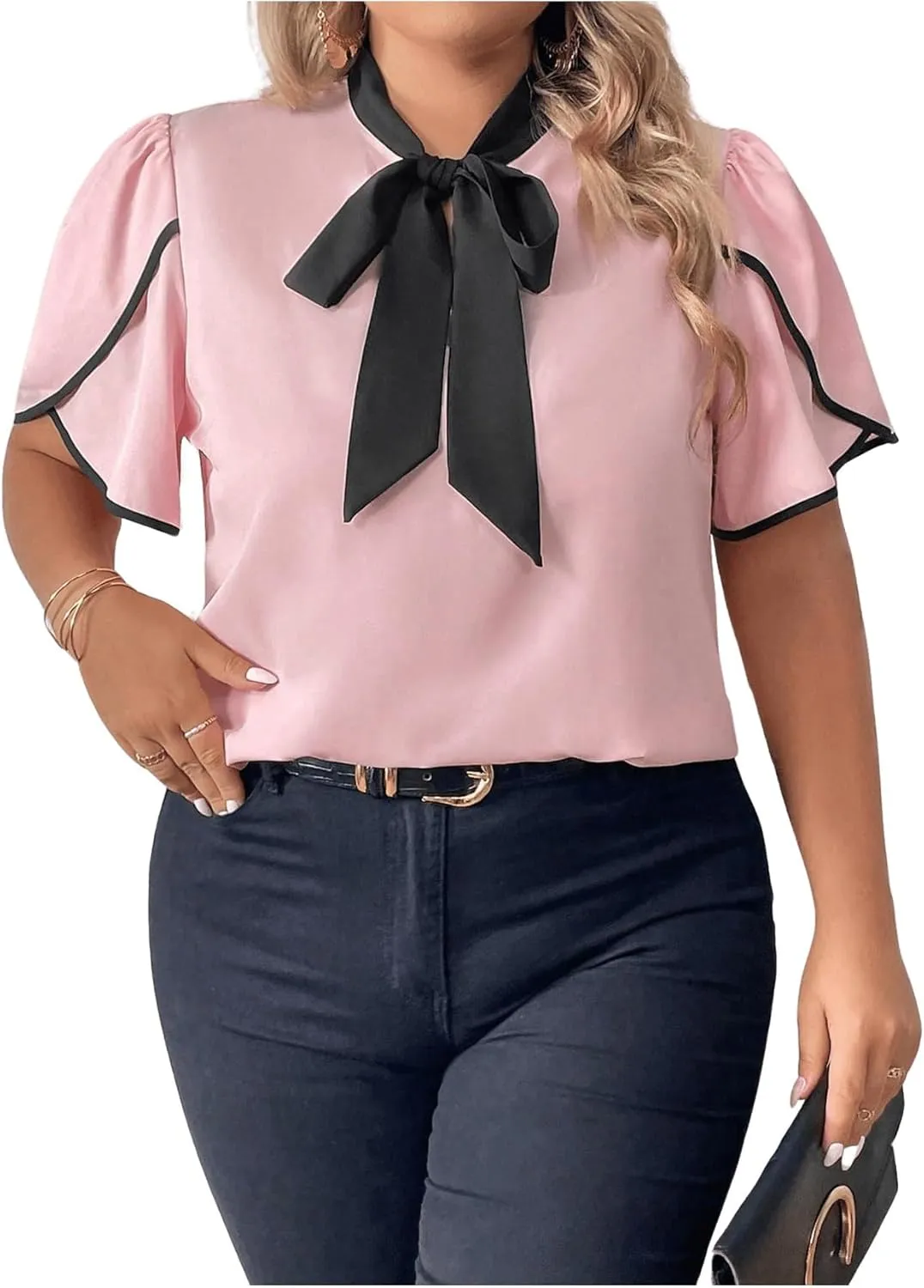 Women's Plus Size Work Office Blouse Bow Tie Neck Petal Sleeve Business Casual Blouse Shirts Top