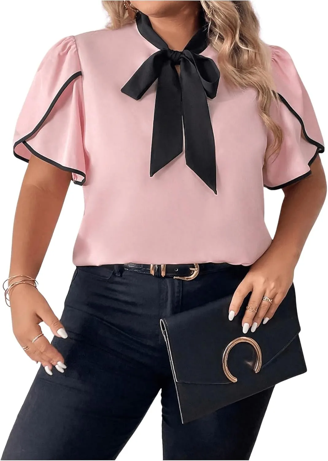 Women's Plus Size Work Office Blouse Bow Tie Neck Petal Sleeve Business Casual Blouse Shirts Top