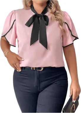 Women's Plus Size Work Office Blouse Bow Tie Neck Petal Sleeve Business Casual Blouse Shirts Top