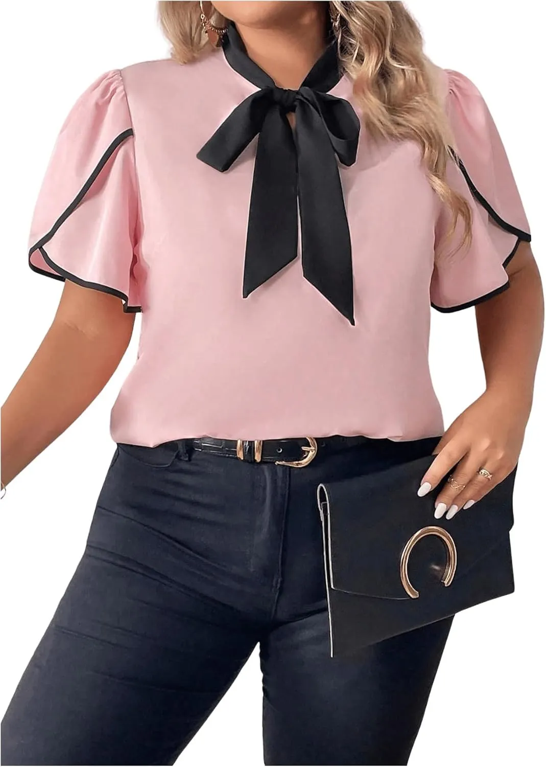 Women's Plus Size Work Office Blouse Bow Tie Neck Petal Sleeve Business Casual Blouse Shirts Top