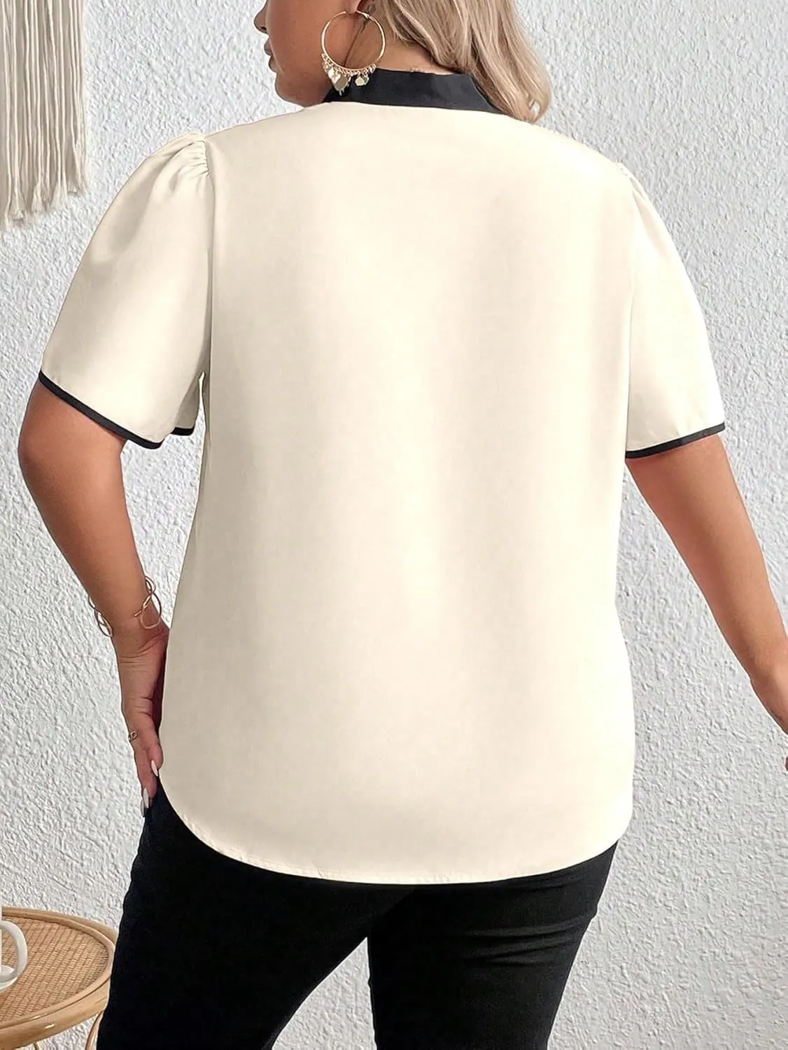 Women's Plus Size Work Office Blouse Bow Tie Neck Petal Sleeve Business Casual Blouse Shirts Top